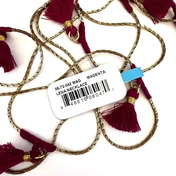 NWT Anthro Shiraleah Lena Necklace Gold Magenta Tassels 25" Long Boho Je… - Picture 4 of 5